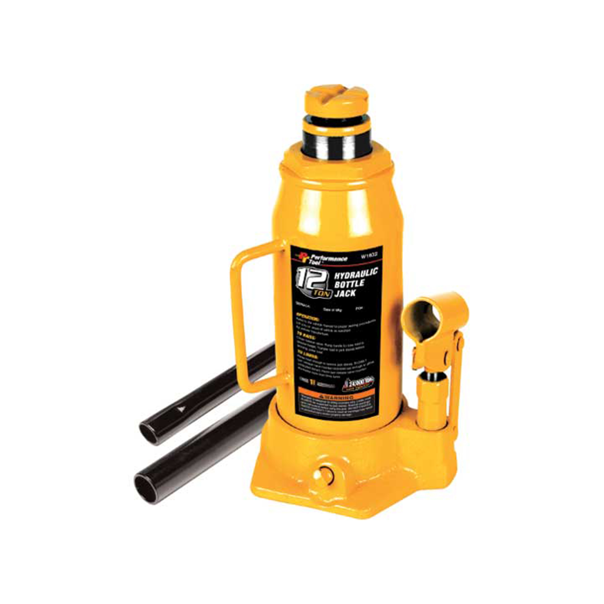 Performance Tool Hydraulic Bottle Jack — 12 Ton Capacity, Steel, Oversized Base, Carry Handle, Model# PRTW1632